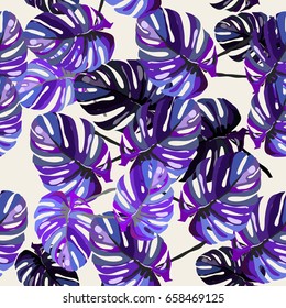 Seamless abstract pattern with floral elements. Image of exotic tropical purple monster leaves on a white background. Imitation of the painting in watercolor. Summer motifs. Vector illustration. 