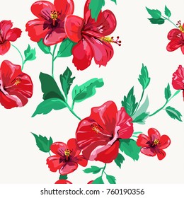 Seamless abstract pattern with floral elements. Image of exotic tropical hibiscus flowers on a white background. Imitation of the painting by watercolor. Summer motives. Vector illustration.