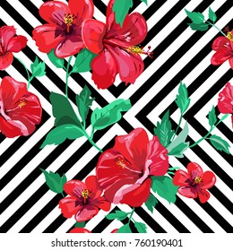 Seamless abstract pattern with floral elements. Image of exotic tropical hibiscus flowers on a striped background. Imitation of the painting by watercolor. Summer motives. Vector illustration.