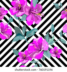 Seamless abstract pattern with floral elements. Image of exotic tropical hibiscus flowers on a striped background. Imitation of the painting by watercolor. Summer motives. Vector illustration.