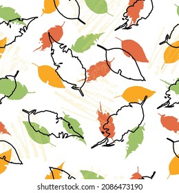 Seamless abstract pattern. Seamless floral pattern in leaves of ash, birch. Vector illustration. Cute colorful background.