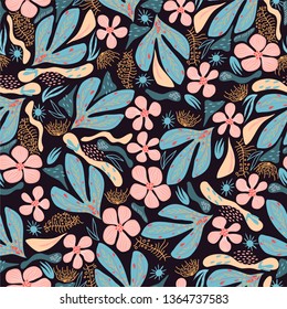Seamless abstract pattern, floral motif, dark background, hand drawn, coral and blue flowers, design for textiles, vector illustration