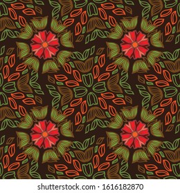 Seamless abstract pattern with flower, vector dark warm colors background