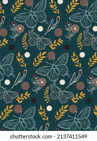 Seamless abstract pattern with flowers and butterflies on the dark blue background