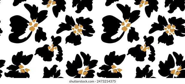 Patrón abstracto sin fisuras. Diseño de patrones de flores. Patrón blanco y negro