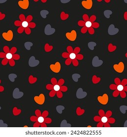 Patrón abstracto sin costuras con flores, corazones para vestidos femeninos, chaquetas de las niñas. Impresión floral simple de la repetición sobre fondo negro para la tela, el textil, la cubierta, el papel pintado. Adorable botánico.