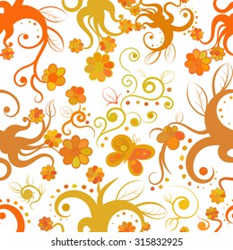 Seamless abstract pattern with flowers, leafs, doodles, butterfly. EPS 8 Illustration