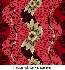 Seamless abstract pattern with flowers, leaves and animal skins.