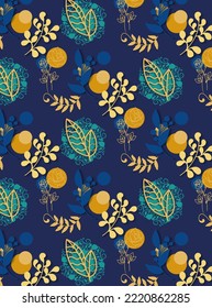 Seamless abstract pattern with flowers and plants on the dark blue background