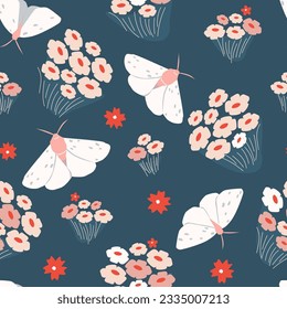 Seamless abstract pattern with flowers, plants, butterflies. Summer abstract print with bouquets. Vector graphics.