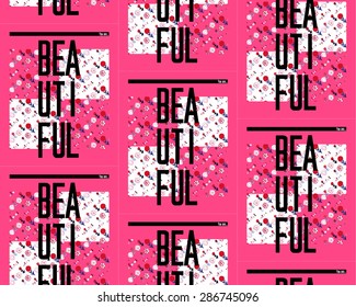 Seamless abstract pattern with flowers and text. Vector illustration.