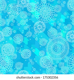 Seamless abstract pattern with flowers and water bubbles in the ethnic style.