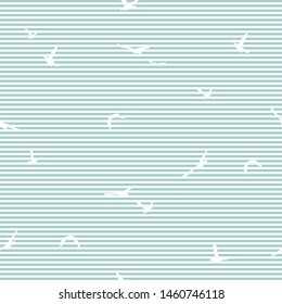 Seamless abstract pattern with flying  birds on white background with blue stripes. Vector illustration.  
