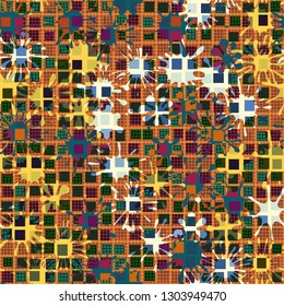 Seamless abstract pattern. The foreground consists of irregular rows of quadrilaterals. 
The background consists of a grid and blots. Editable.