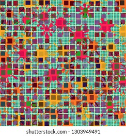 Seamless abstract pattern. The foreground consists of irregular rows of quadrilaterals. 
The background consists of a grid and blots. Editable.