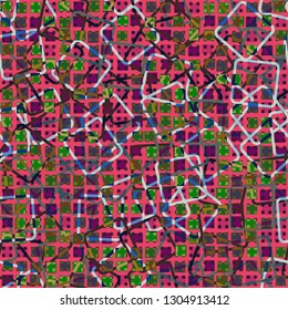 Seamless abstract pattern. The foreground consists of irregular rows of quadrilaterals.
The background consists of rows of small squares and chaos of rounded contour squares. Editable.