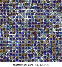 Seamless abstract pattern. The foreground consists of irregular rows of quadrilaterals.
The background consists of rows of small squares and chaos of rounded contour squares. Editable.