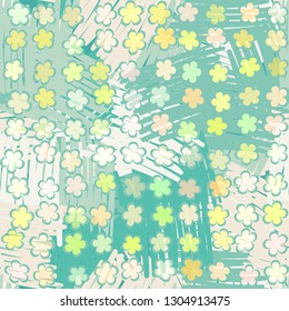 Seamless abstract pattern. The foreground consists of uneven rows of stylized flowers. 
The background consists of chaos of line shapes. Editable.