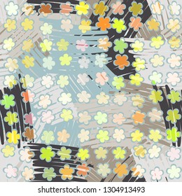 Seamless abstract pattern. The foreground consists of uneven rows of stylized flowers. 
The background consists of chaos of line shapes. Editable.