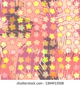 Seamless abstract pattern. The foreground consists of uneven rows of stylized flowers. 
The background consists of chaos of line shapes. Editable.