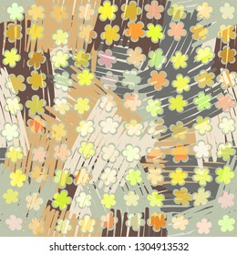 Seamless abstract pattern. The foreground consists of uneven rows of stylized flowers. 
The background consists of chaos of line shapes. Editable.