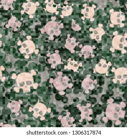 Seamless abstract pattern. The foreground consists of square pixels.
The background consists of chaos Jolly Rogers. Editable.