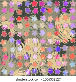 Seamless abstract pattern. The foreground consists of uneven rows of stylized flowers.
Background consists of chaos striated stains. Editable.