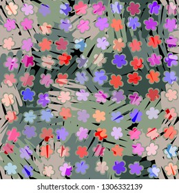 Seamless abstract pattern. The foreground consists of uneven rows of stylized flowers.
Background consists of chaos striated stains. Editable.