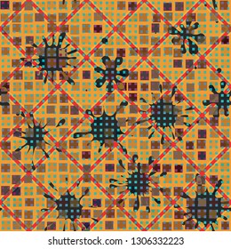 Seamless abstract pattern. The foreground consists of irregular rows of quadrilaterals.
The background consists of squares, rhombuses and blots. Editable.