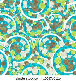 Seamless abstract pattern. The foreground consists of square pixels.
Background consisting of chaos of bubbles and spirals. Editable.