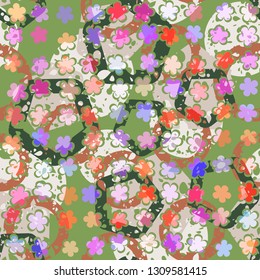 Seamless abstract pattern. The foreground consists of uneven rows of stylized flowers.
The background consists of chaos of circles and pentagons.