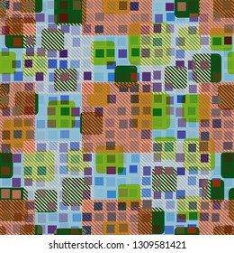 Seamless abstract pattern. The foreground consists of irregular rows of quadrilaterals.
The background consists of rounded and diagonally striped squares.