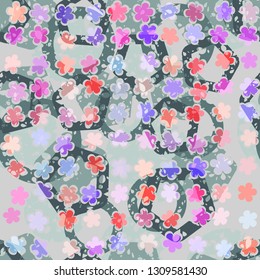 Seamless abstract pattern. The foreground consists of uneven rows of stylized flowers.
The background consists of chaos of circles and pentagons.