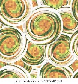 Seamless abstract pattern. The foreground consists of square pixels.
The background consists of chaos of tangled spirals.