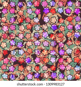 Seamless abstract pattern. The foreground consists of uneven rows of stylized flowers.
The background consists of chaos of circles and pentagons.