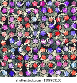 Seamless abstract pattern. The foreground consists of uneven rows of stylized flowers.
The background consists of chaos of circles and pentagons.