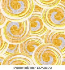 Seamless abstract pattern. The foreground consists of square pixels.
The background consists of chaos of tangled spirals.