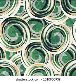 Seamless abstract pattern. The foreground consists of square pixels.
The background consists of chaos of tangled spirals.