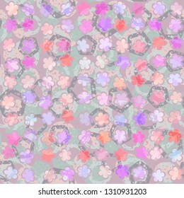 Seamless abstract pattern. The foreground consists of uneven rows of stylized flowers.
The background consists of chaos of circles and pentagons.