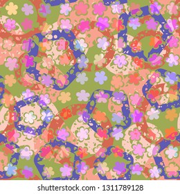 Seamless abstract pattern. The foreground consists of uneven rows of stylized flowers.
The background consists of chaos of circles and pentagons.