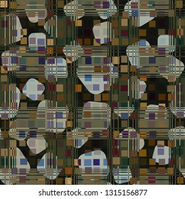 Seamless abstract pattern. The foreground consists of irregular rows of quadrilaterals.
The background consists of chaos of rounded squares checkered texture. Easy to edit.