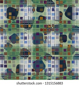 Seamless abstract pattern. The foreground consists of irregular rows of quadrilaterals.
The background consists of chaos of rounded squares checkered texture. Easy to edit.