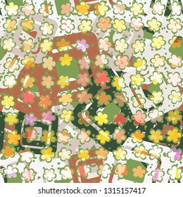 Seamless abstract pattern. The foreground consists of uneven rows of stylized flowers.
The background consists of chaos of rounded squares and small spots. Easy to edit.