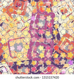 Seamless abstract pattern. The foreground consists of uneven rows of stylized flowers.
The background consists of chaos of rounded squares and small spots. Easy to edit.