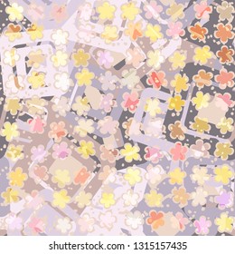 Seamless abstract pattern. The foreground consists of uneven rows of stylized flowers.
The background consists of chaos of rounded squares and small spots. Easy to edit.