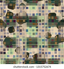 Seamless abstract pattern. The foreground consists of irregular rows of quadrilaterals.
The background consists of chaos of rounded squares checkered texture. Easy to edit.