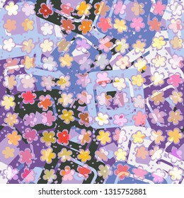 Seamless abstract pattern. The foreground consists of uneven rows of stylized flowers.
The background consists of chaos of rounded squares and small spots. Easy to edit.