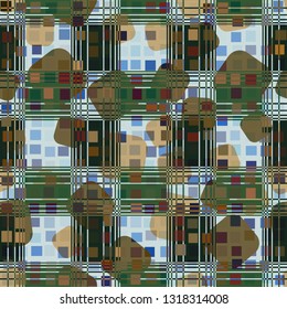 Seamless abstract pattern. The foreground consists of irregular rows of quadrilaterals.
The background consists of chaos of rounded squares checkered texture. Easy to edit.