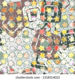 Seamless abstract pattern. The foreground consists of uneven rows of stylized flowers.
The background consists of chaos of rounded squares and small spots. Easy to edit.