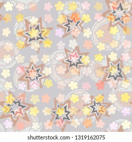 Seamless abstract pattern. The foreground consists of uneven rows of stylized flowers.
The background consists of seven-pointed stars and spirals. Editable.